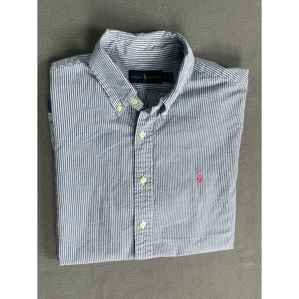 Ralph Lauren Shirt Mens Large Textured Blue White Striped Pink Pony Preppy